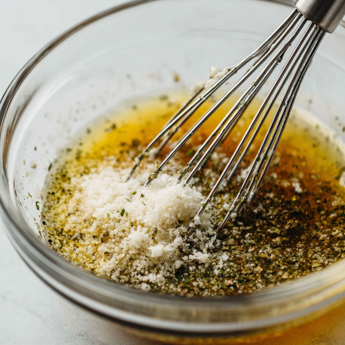 Whisking Italian dressing with cheese and seasoning in a bowl