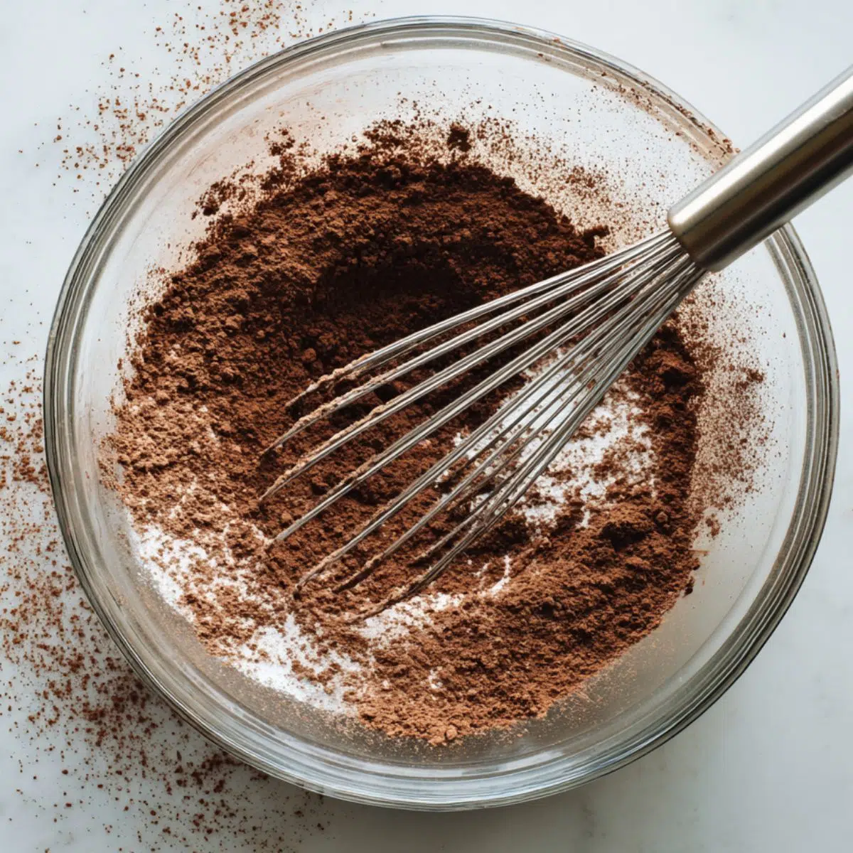 Flour, cocoa, and sugar being whisked in a mixing bowl.