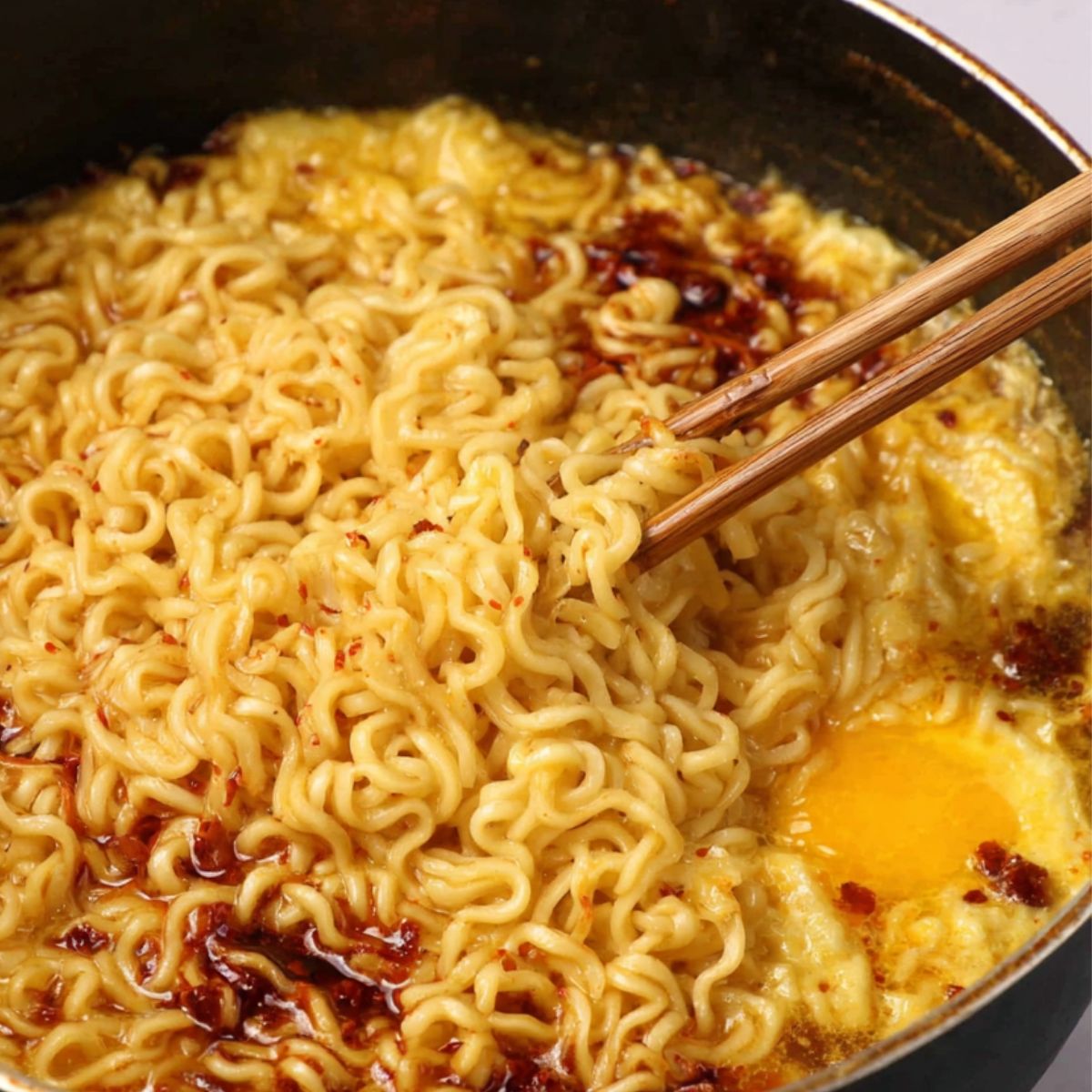 Egg being stirred into ramen in a pot.