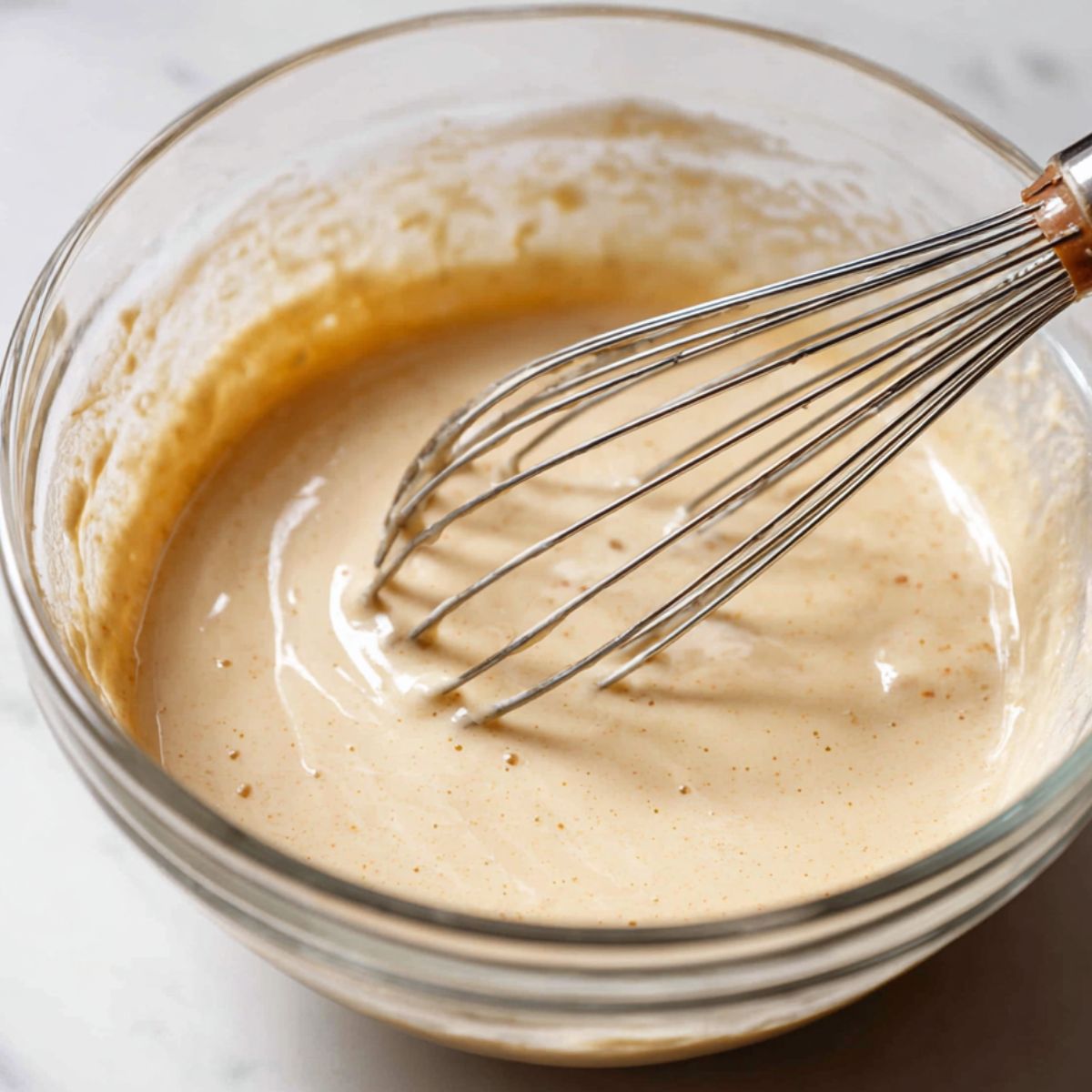 Mixing the donut batter in a bowl with ingredients scattered nearby