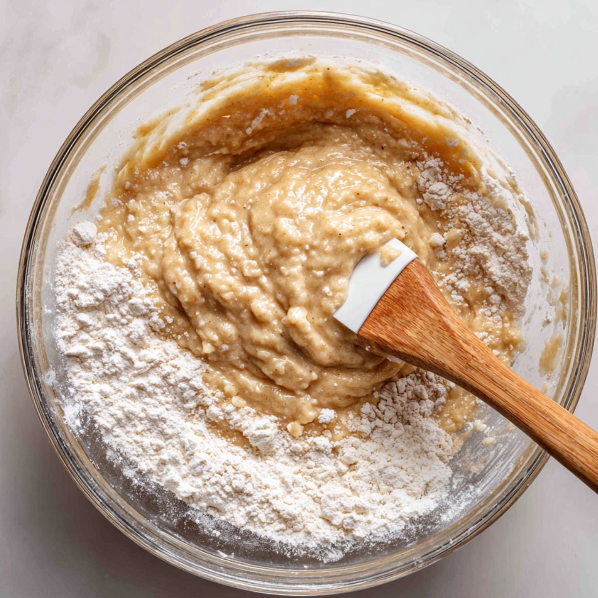 Flour and baking soda being gently mixed into wet banana mixture