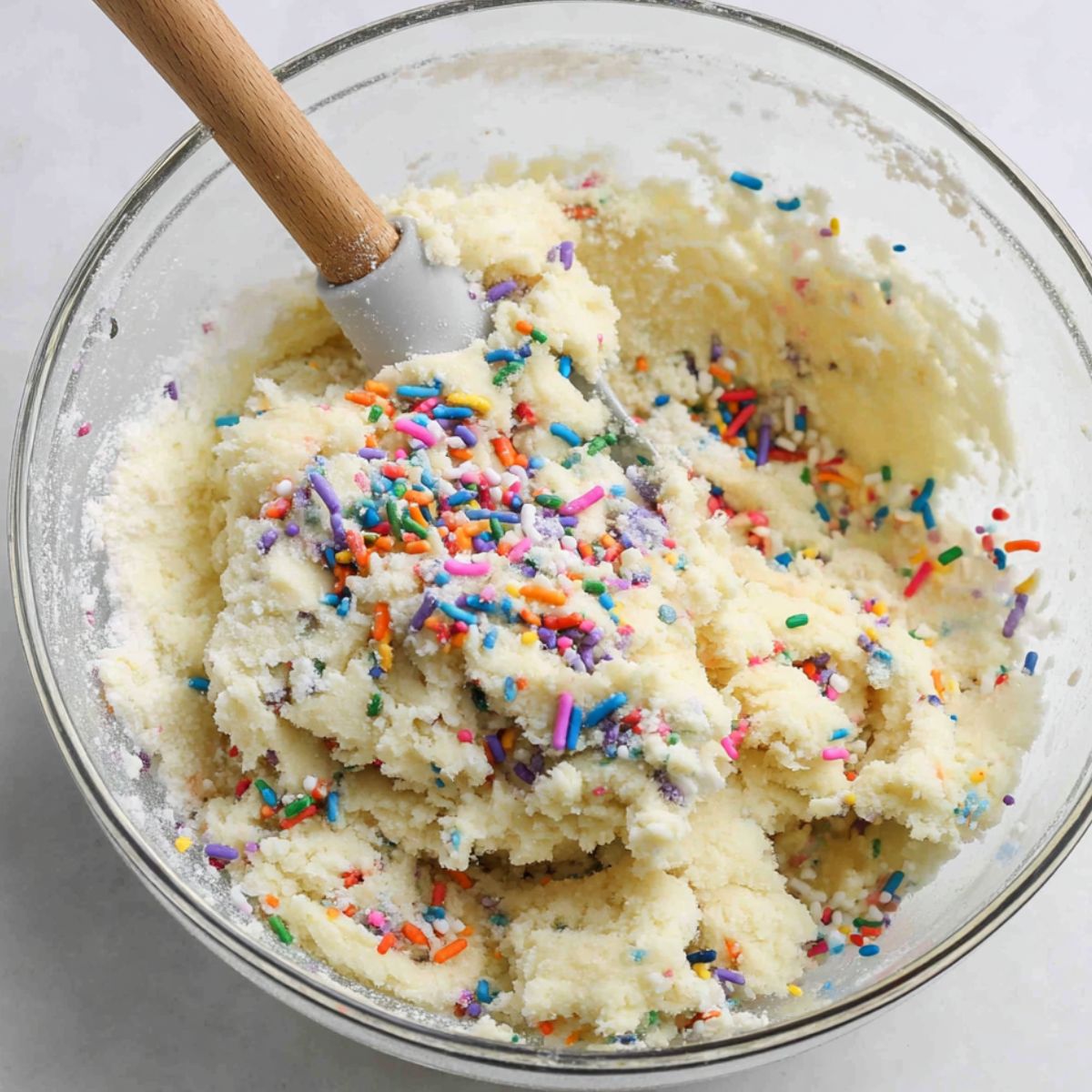 Mixing flour into butter mixture by hand on a white kitchen counter