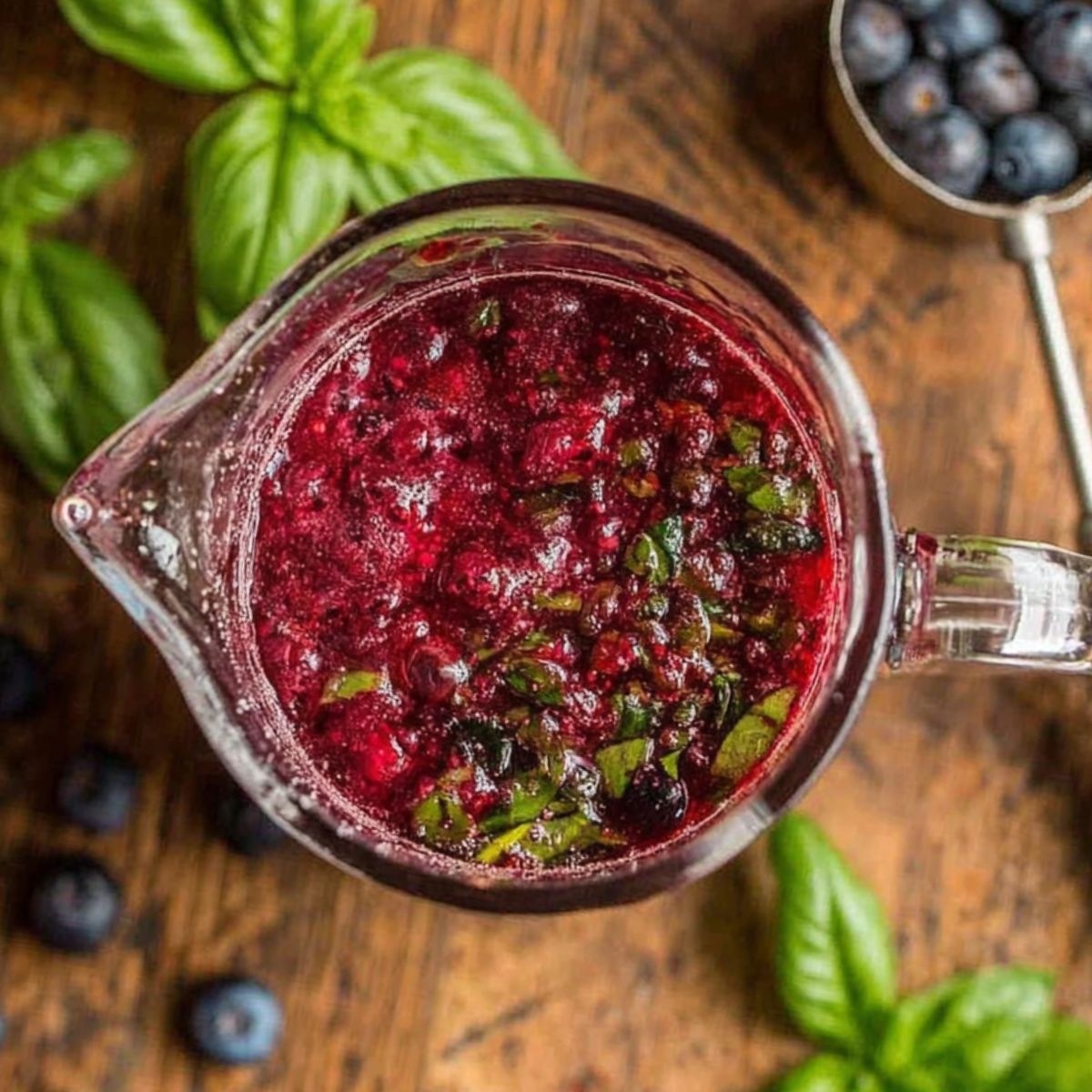 Blueberries and basil being muddled with sugar in a glass pitcher