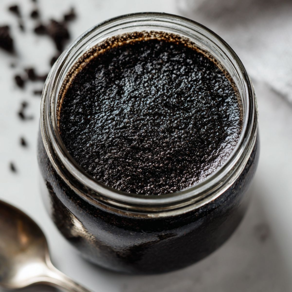 Homemade Oreo cookie butter in a glass jar on a white kitchen counter, shot from above.