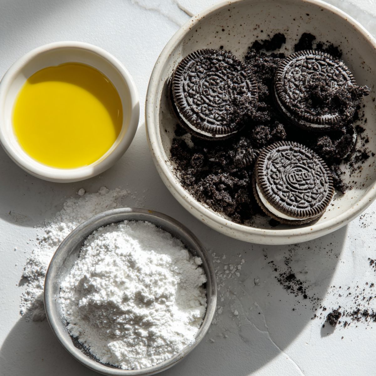 Oreo cookies, oil, and powdered sugar on a white counter ready for making Oreo cookie butter.

