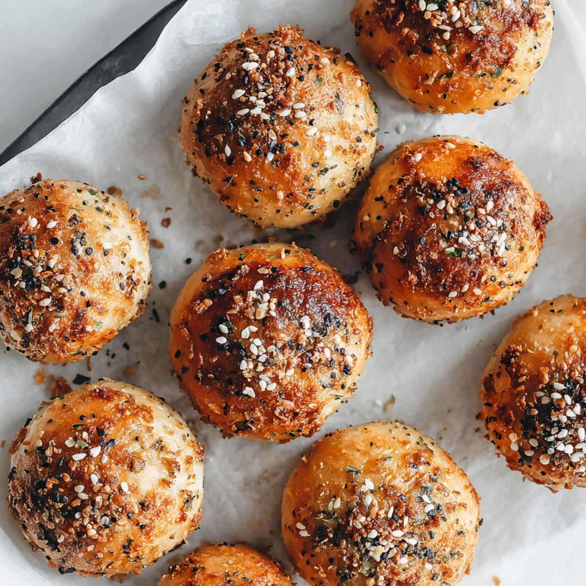 Bagel Bites baking on a parchment-lined tray