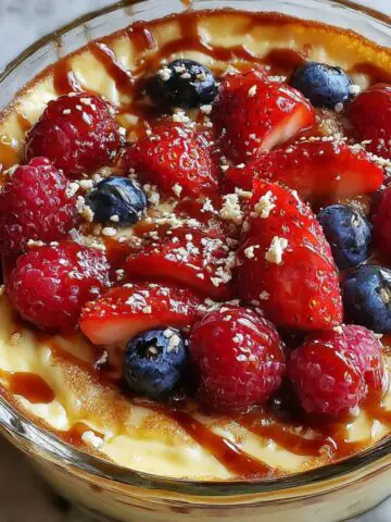 Homemade pancake bowl topped with berries and syrup on a white kitchen counter