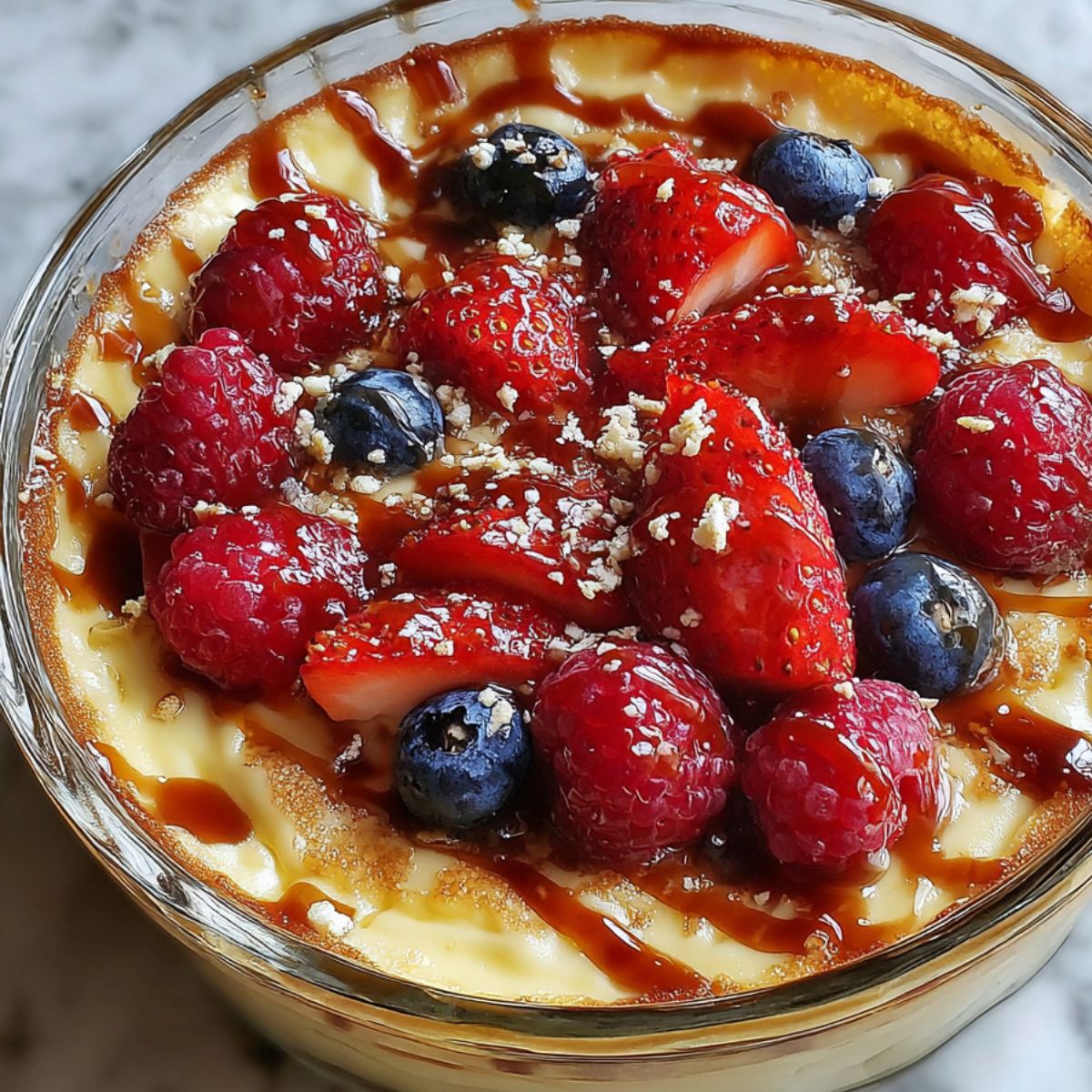 Homemade pancake bowl topped with berries and syrup on a white kitchen counter