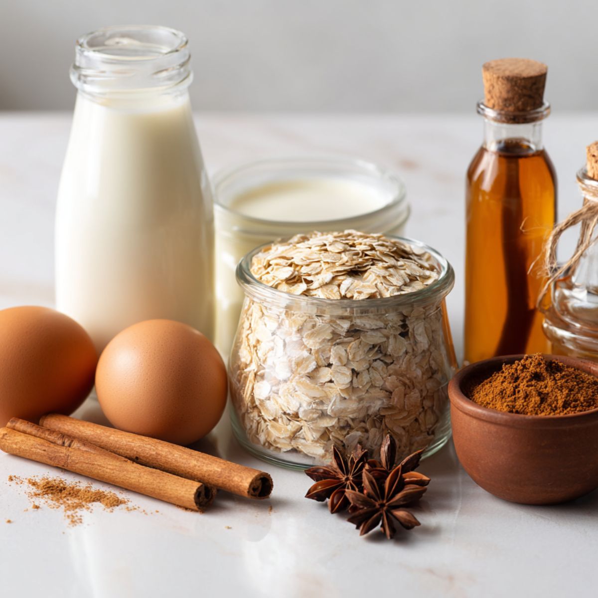 Simple pancake bowl ingredients on a white kitchen counter