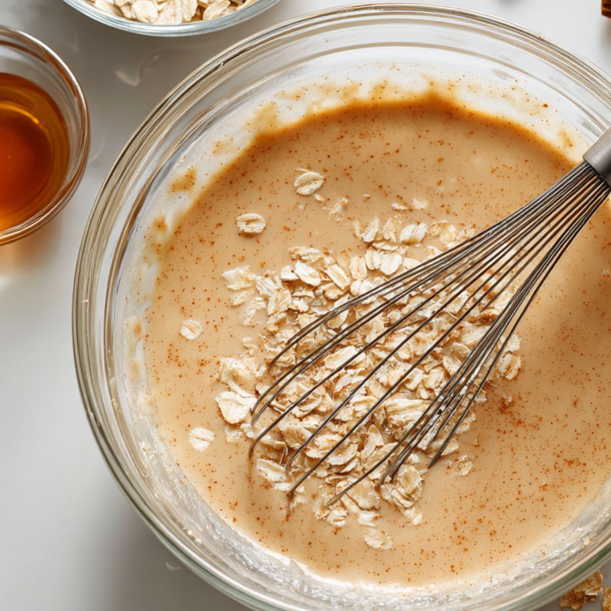 Pancake bowl batter being mixed on a kitchen counter