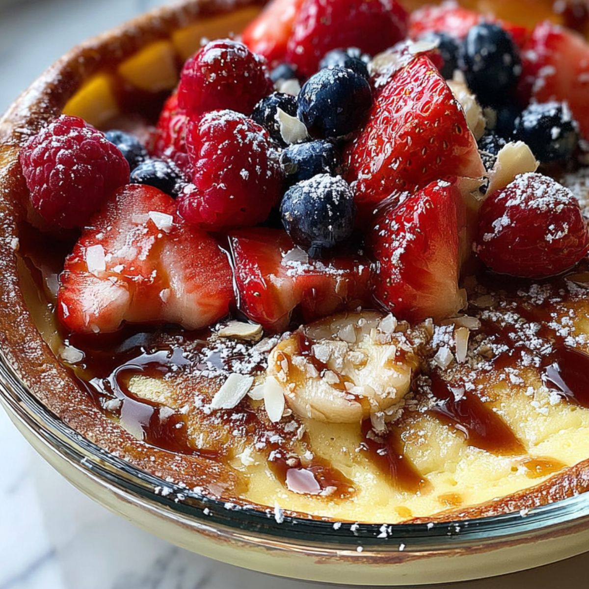 Baked pancake bowl cooling with fresh toppings
