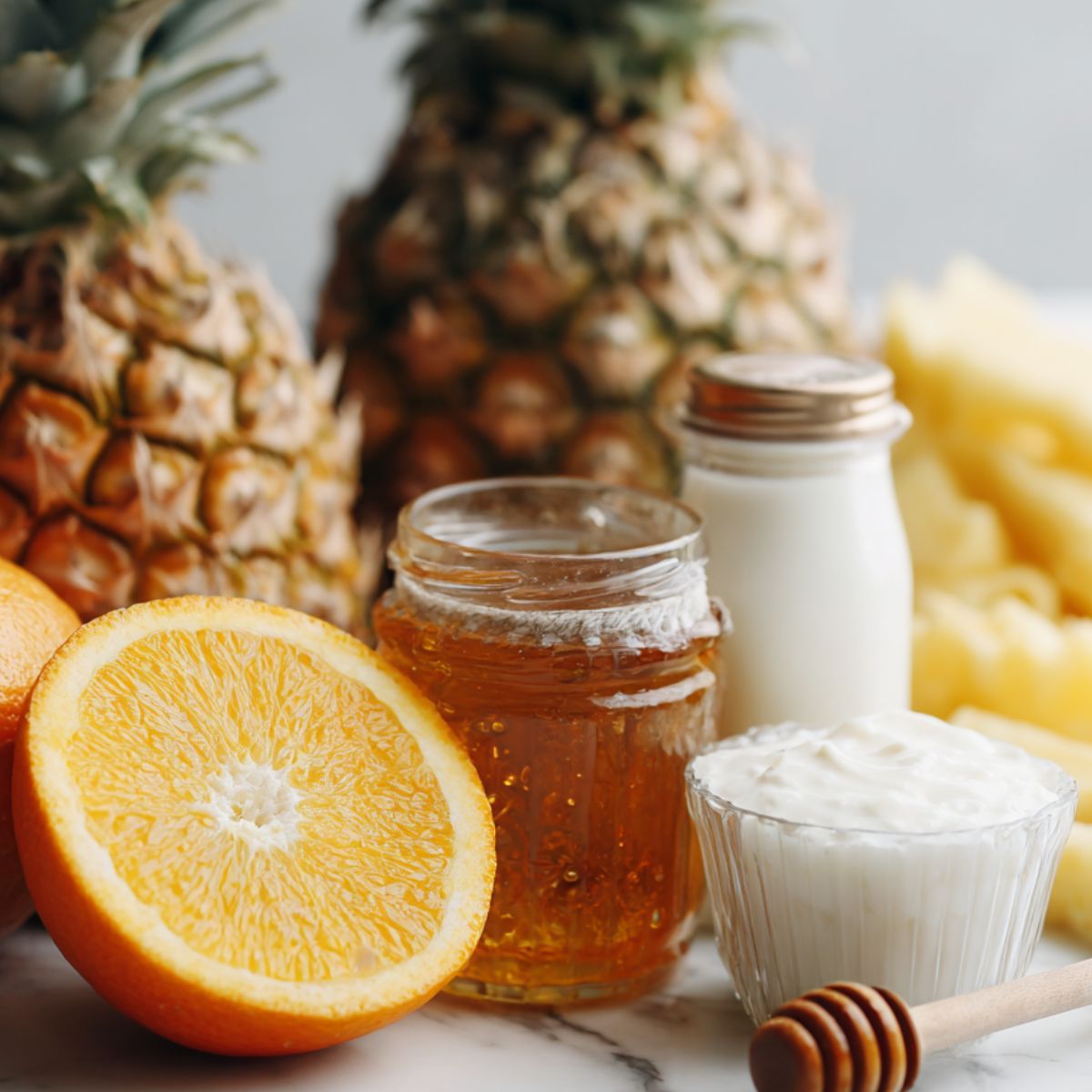 Smoothie ingredients including pineapple, orange, yogurt, and honey on a white kitchen counter