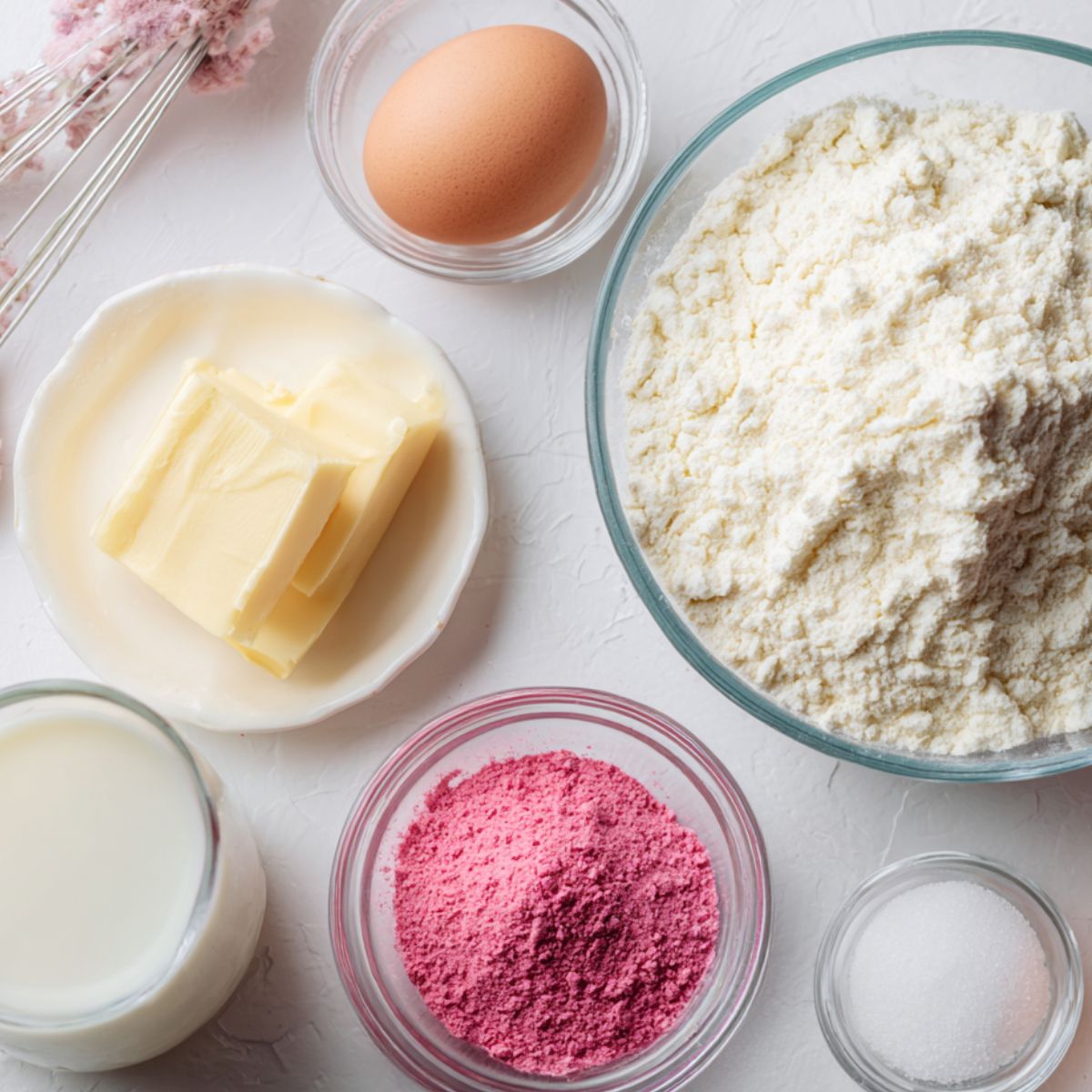 Natural baking ingredients laid out casually for pink cookies on a white kitchen surface