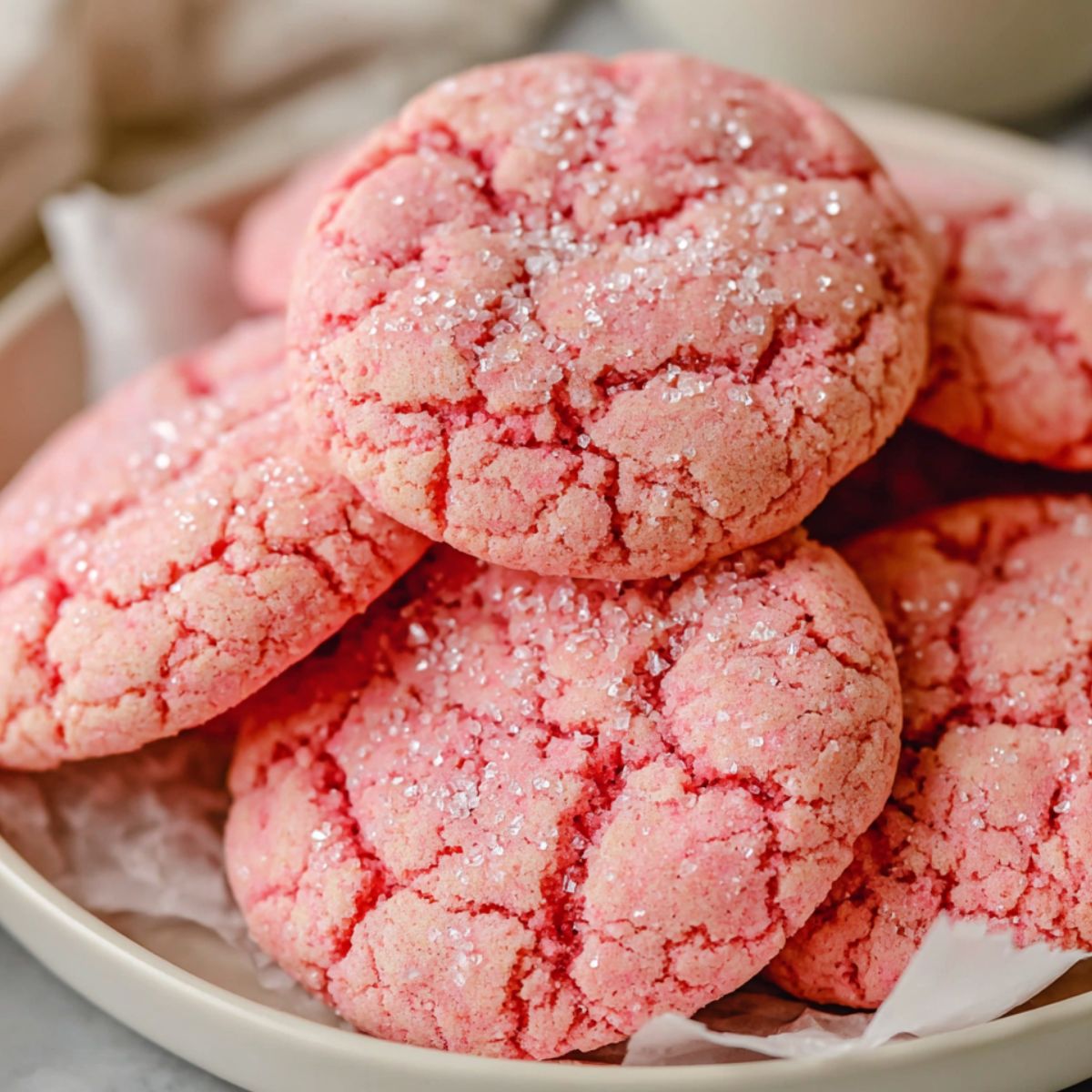 Overhead view of a batch of homemade pink cookies on parchment paper
