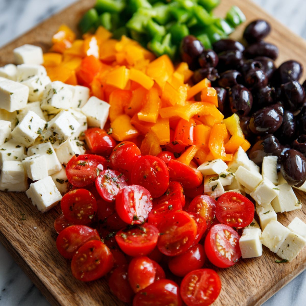 Chopped pizza toppings on a cutting board for pasta salad