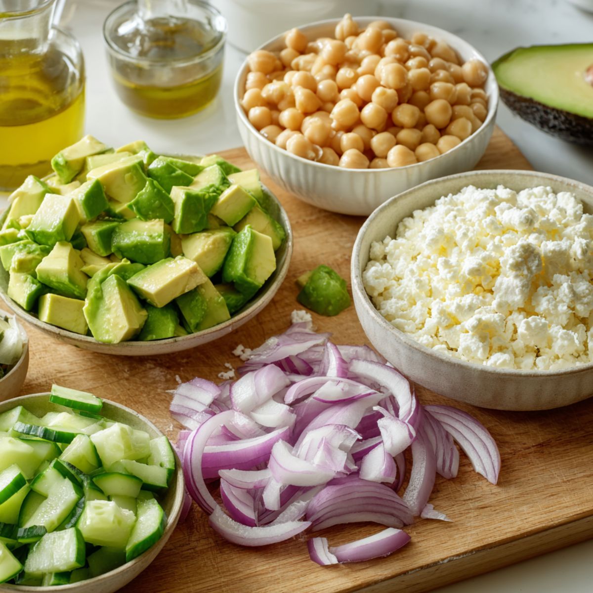 Chopped and prepped ingredients laid out on a board for Chickpea Feta Avocado Salad