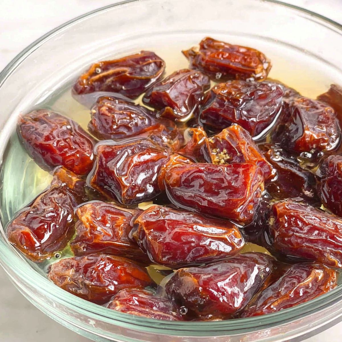 Chopped Medjool dates soaking in a bowl of water
