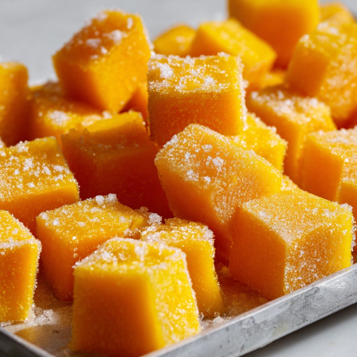 Frozen mango chunks on a tray slightly thawing on counter