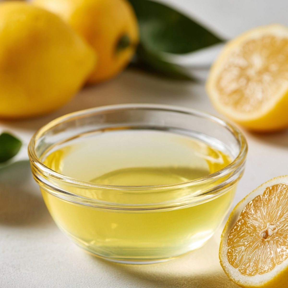 Juicing lemons over a bowl with lemon halves nearby on a kitchen counter