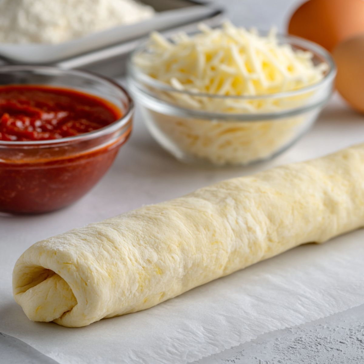 Crescent dough, sauce, cheese and tools laid out in prep area