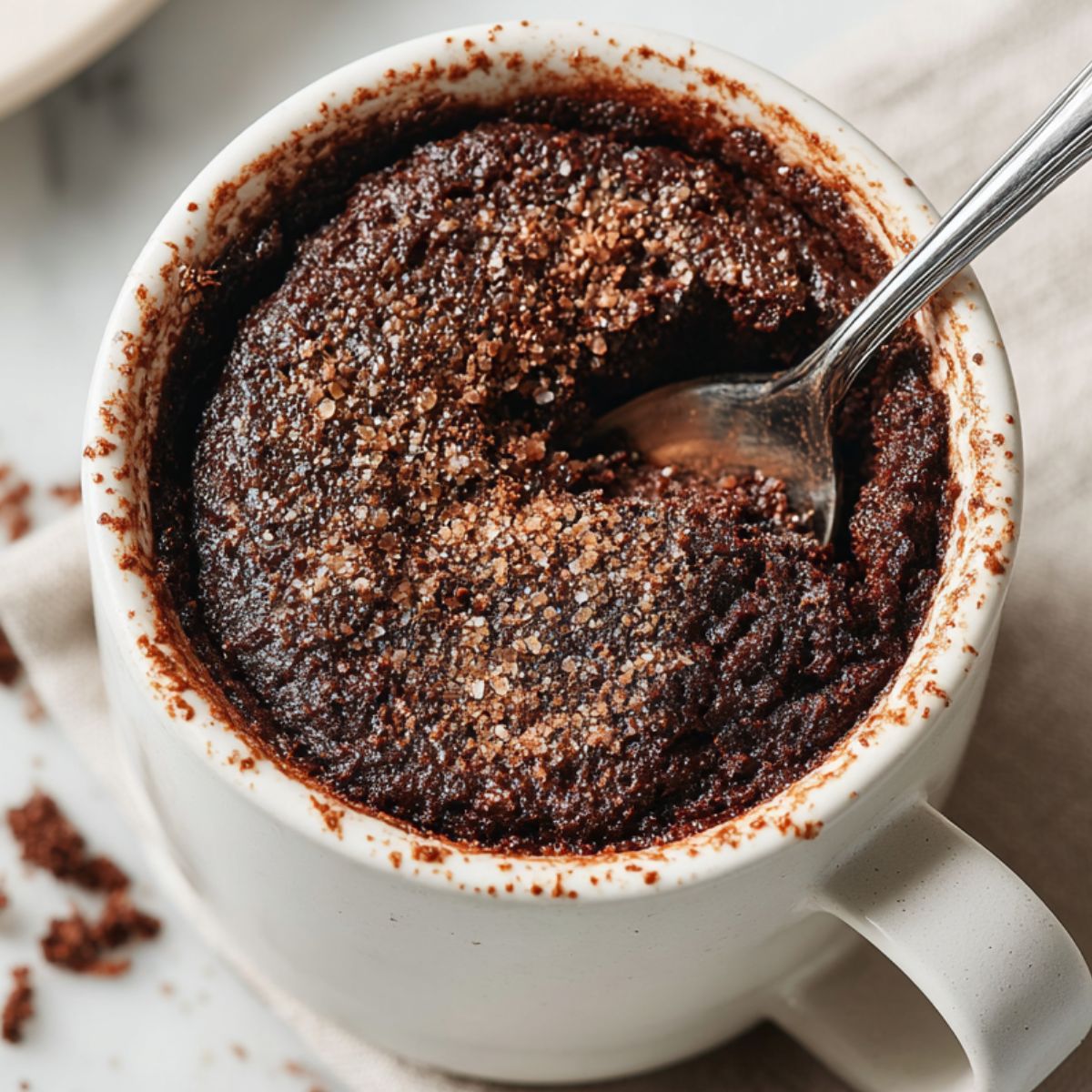 Freshly made protein brownie in a white mug on a home kitchen counter