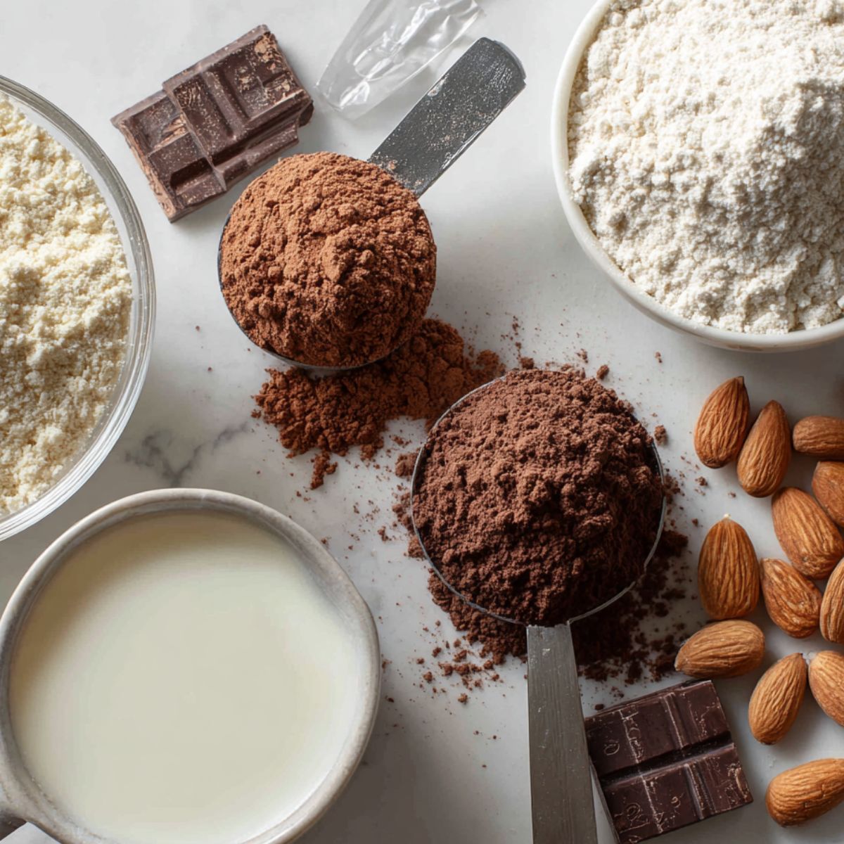 Protein brownie ingredients laid out on a white kitchen counter