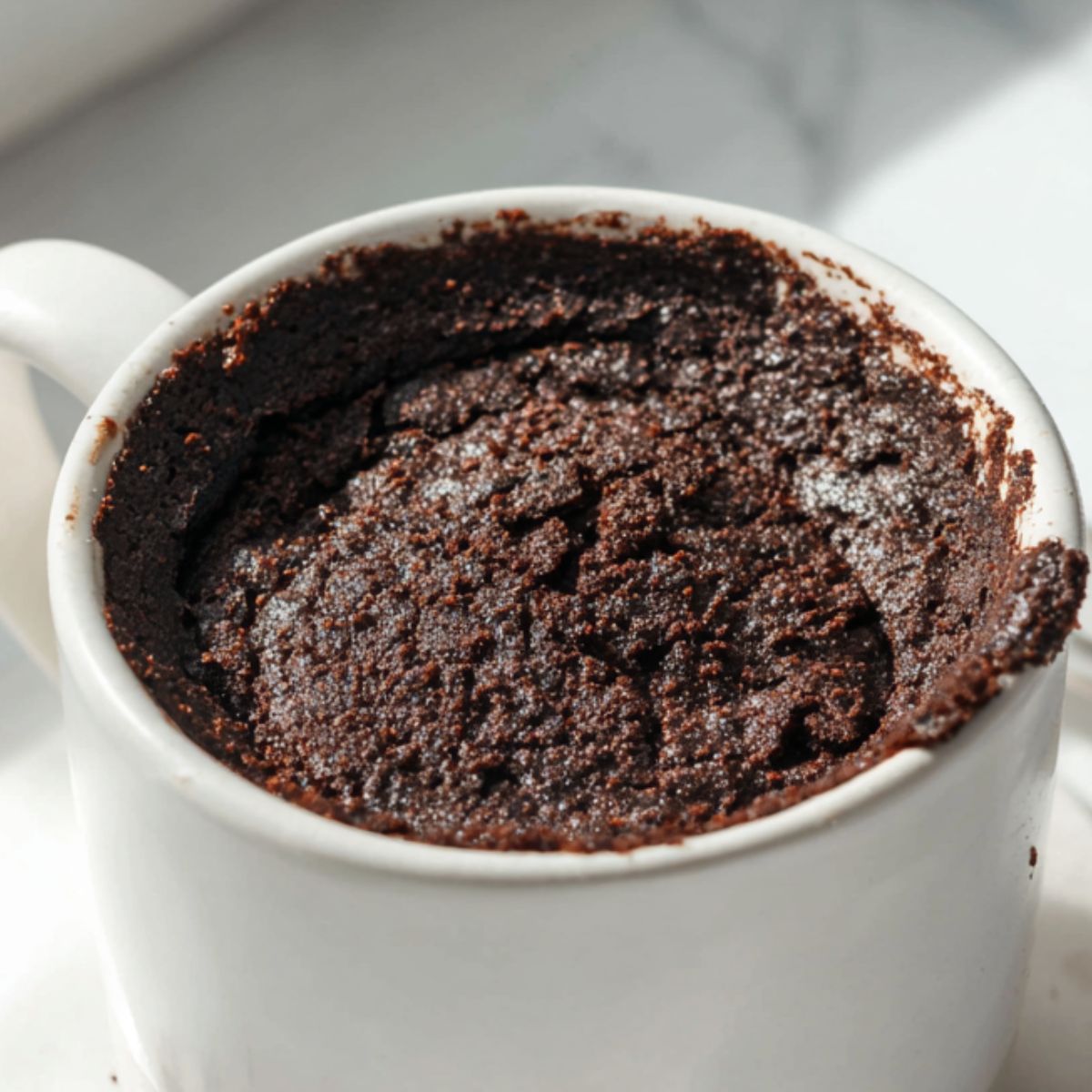 Warm protein brownie cooling in a mug