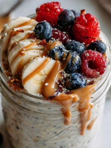 Homemade protein overnight oats in a mason jar with toppings on a white kitchen counter.