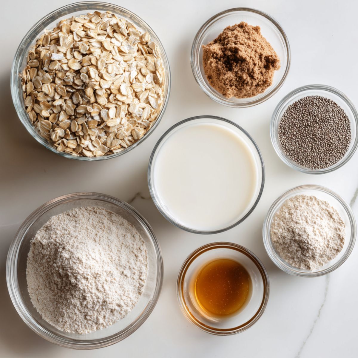 Ingredients for making protein overnight oats arranged on a white kitchen counter.