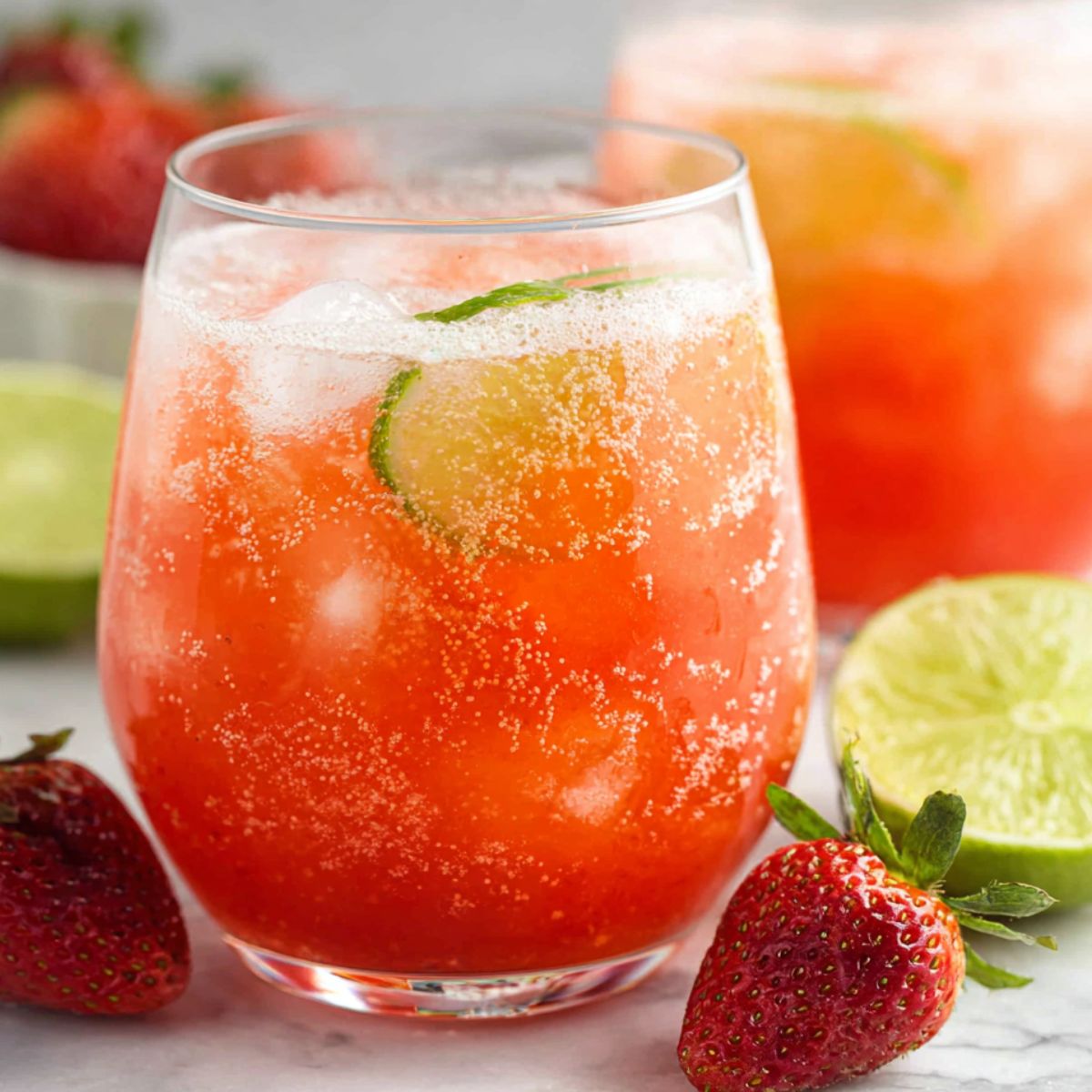 Glass of strawberry limeade served with ice and fresh fruit