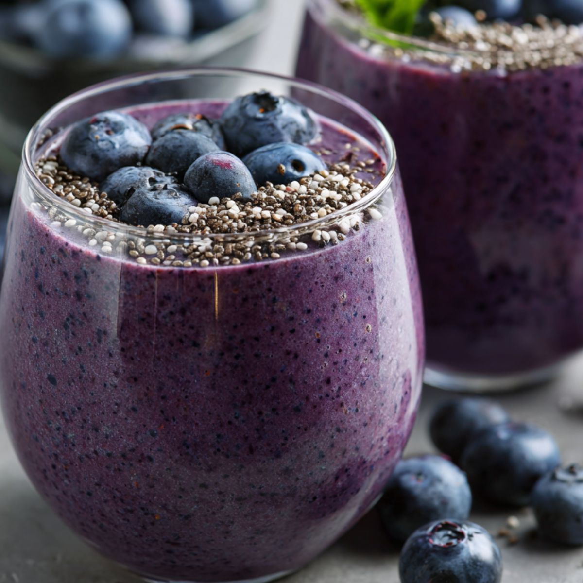 Freshly served healthy blueberry smoothie topped with chia seeds and blueberries