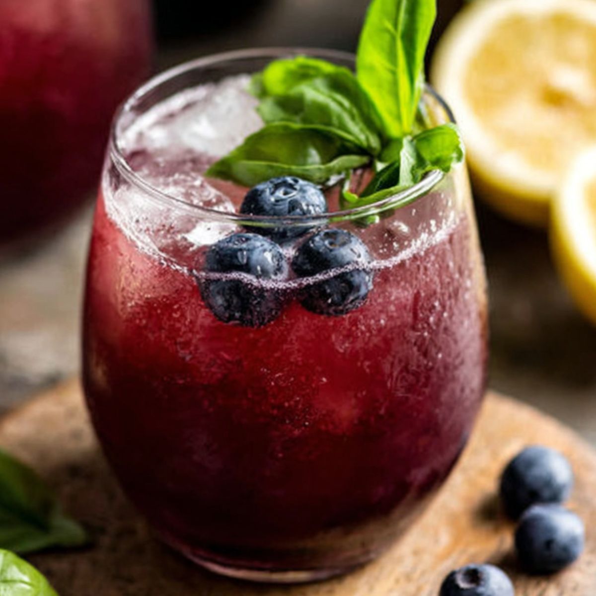 A glass of blueberry basil lemonade with ice, basil, and blueberries on a wooden counter