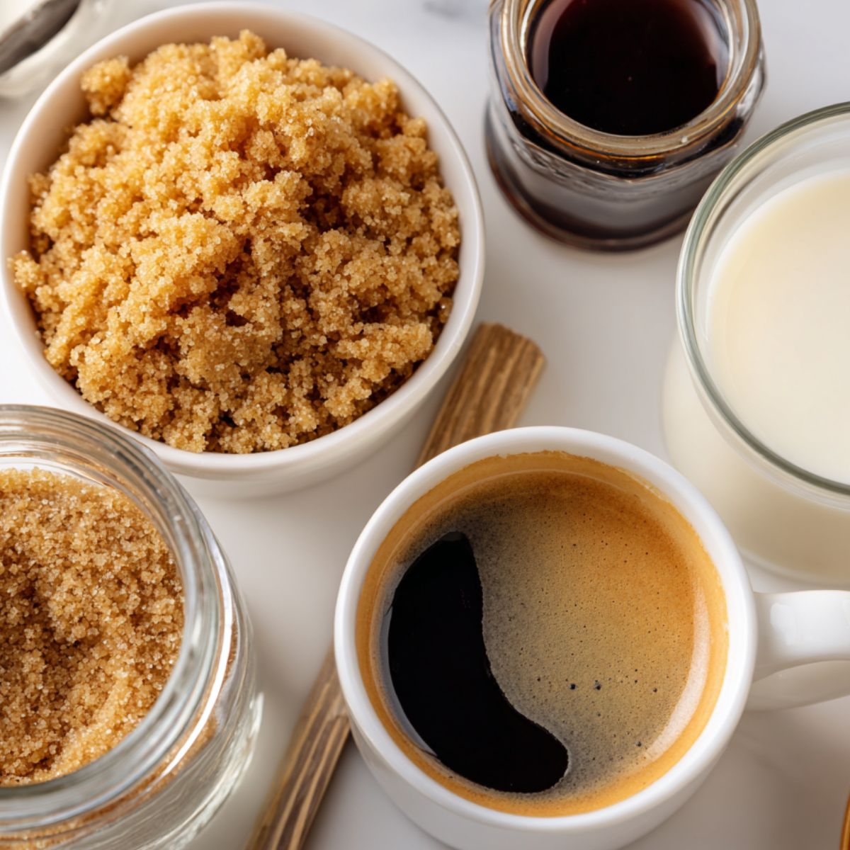 Flat lay of brown sugar espresso ingredients including espresso, brown sugar, oat milk