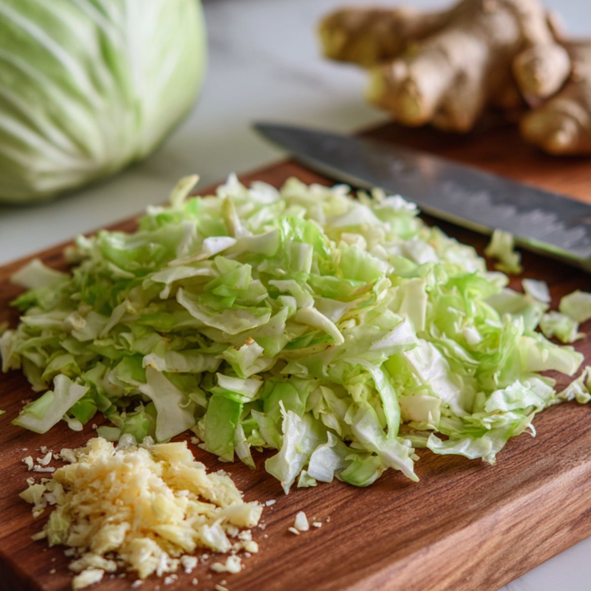 Chopped cabbage and aromatics prepped on a wooden cutting board