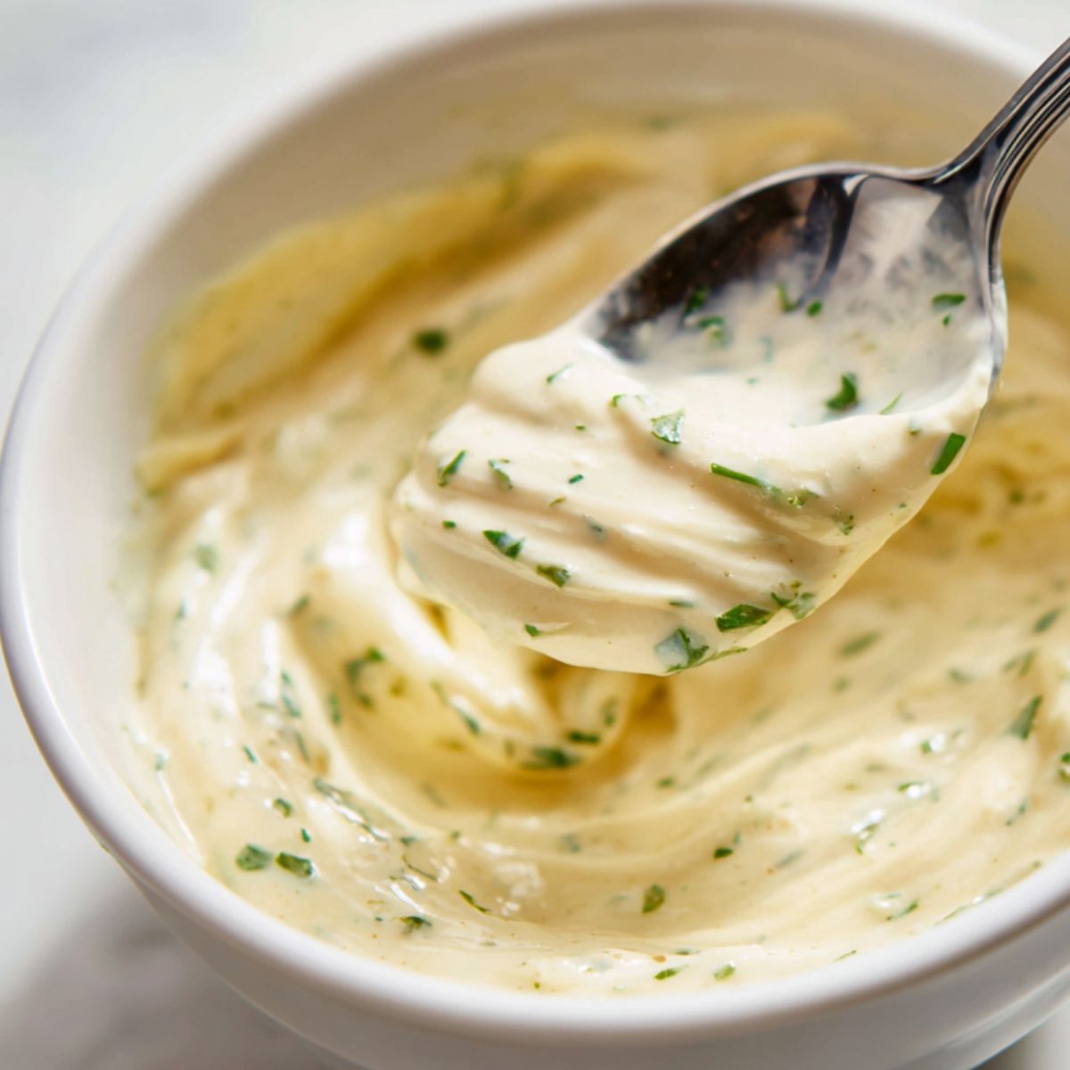 Mixing homemade garlic mayo sauce in a small bowl