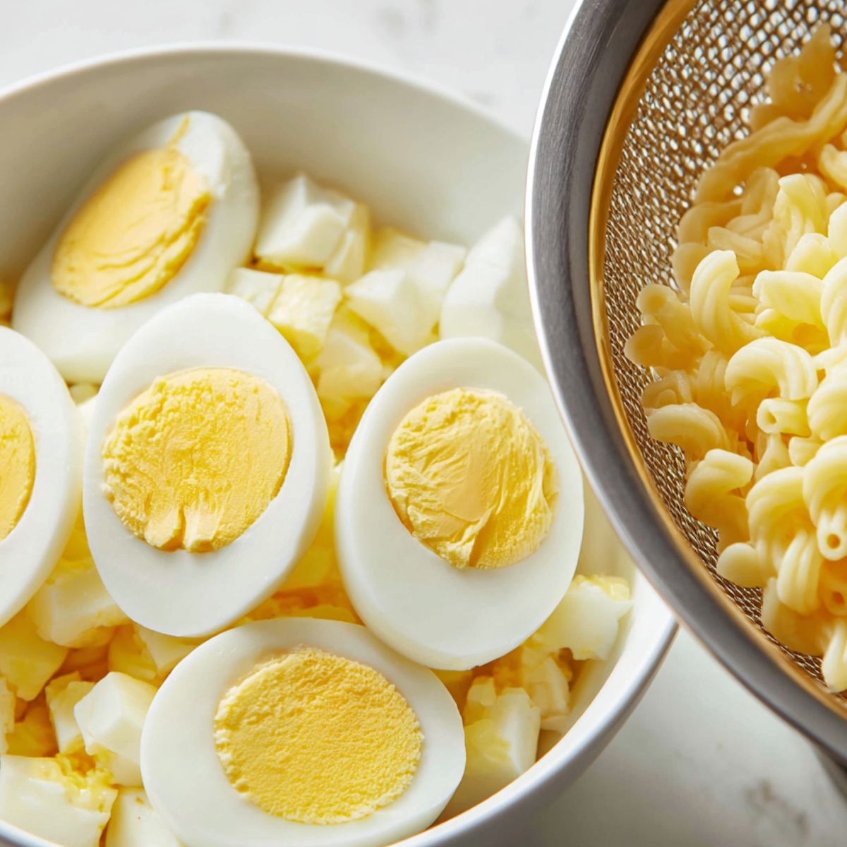 Cooked macaroni and chopped eggs cooling separately