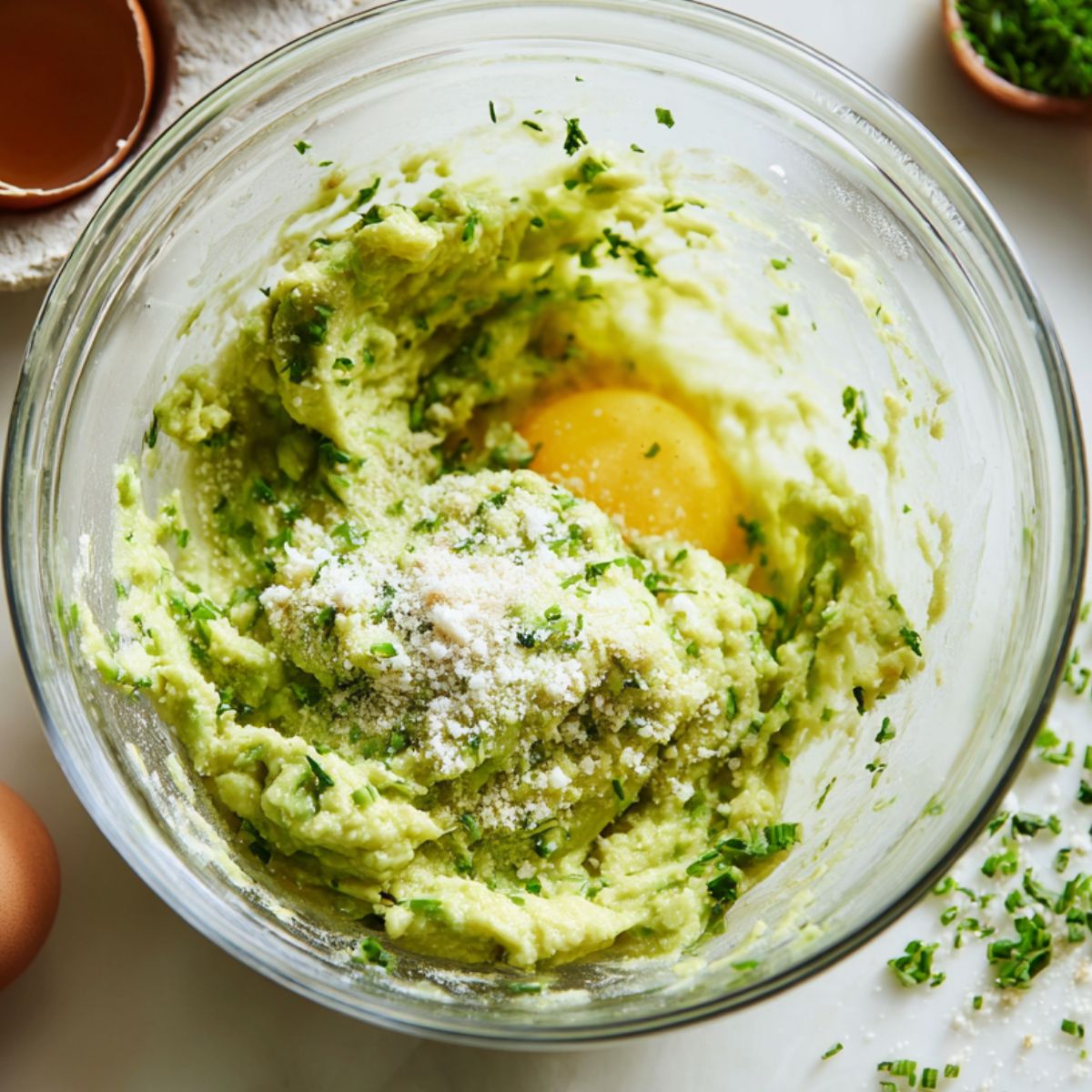 Mashed avocado mixture with herbs and breadcrumbs in a bowl on a kitchen counter.