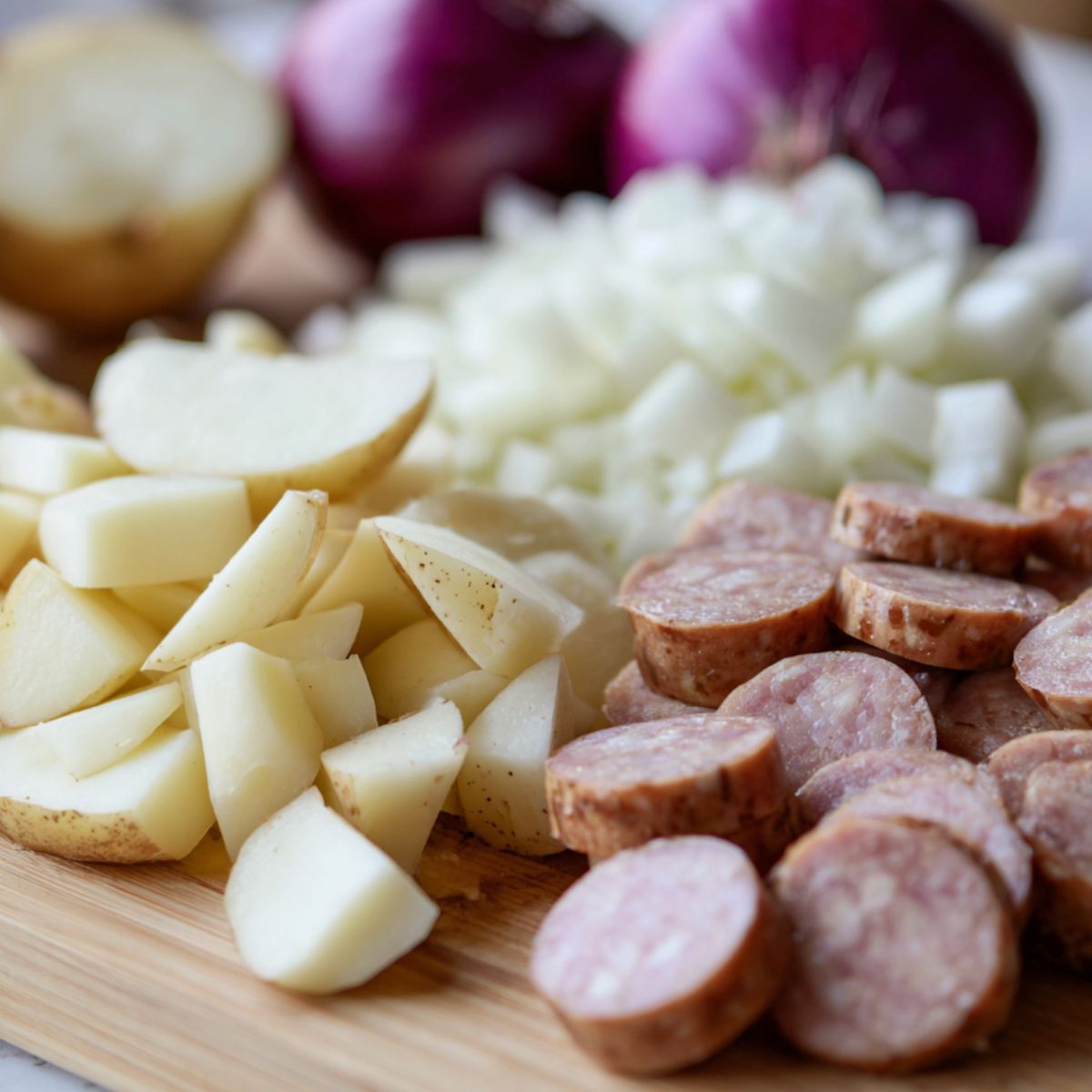 Sliced potatoes, sausage, and onions ready for baking