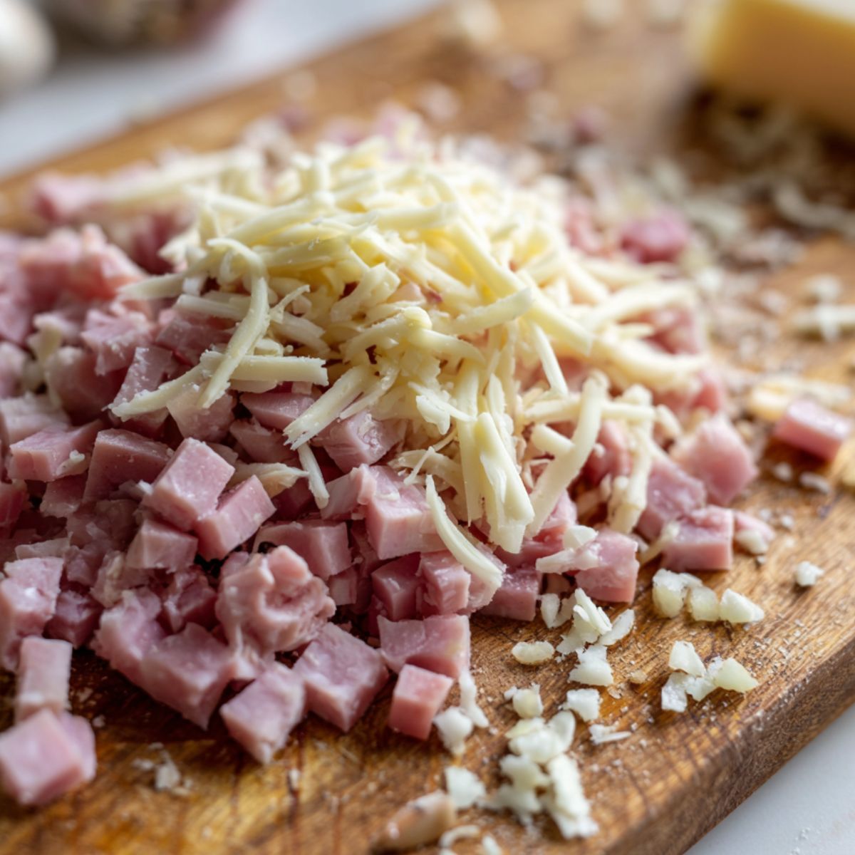 Chopped ham, grated cheese, and minced garlic prepped on counter