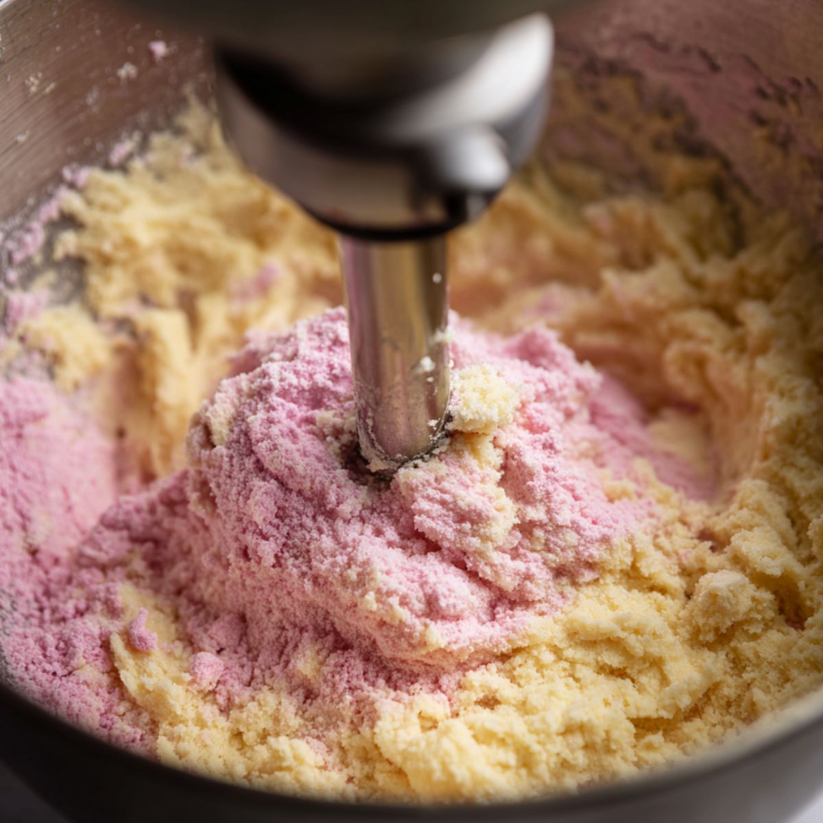 Mixing pink cookie base with hand mixer on white counter