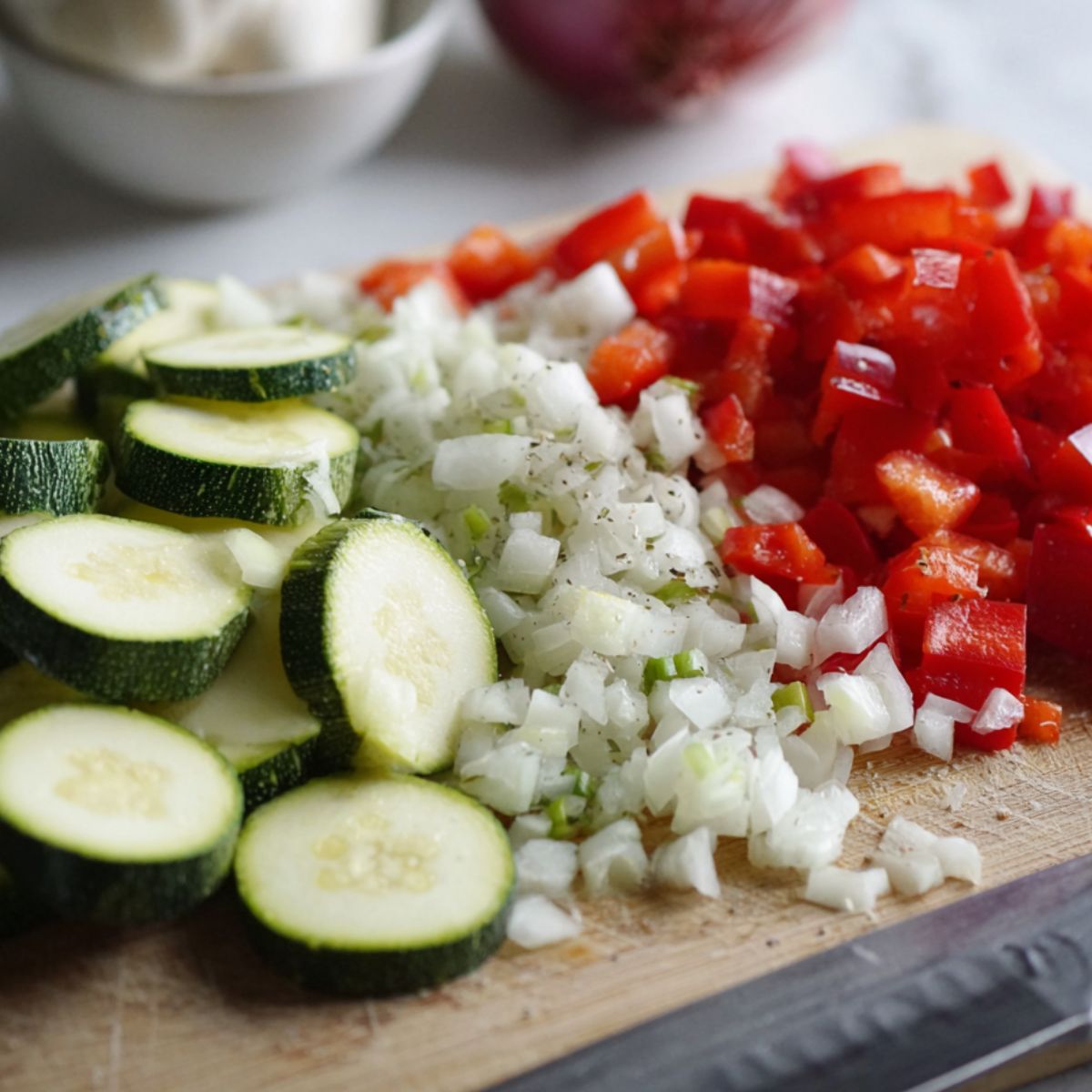 Fresh vegetables and spices prepped on a kitchen counter