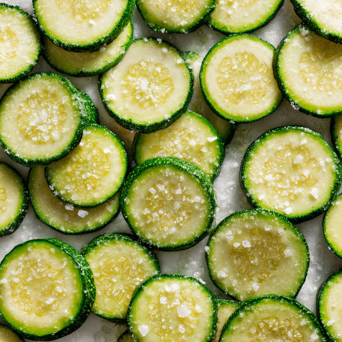 Sliced zucchini rounds salted and resting on paper towels

