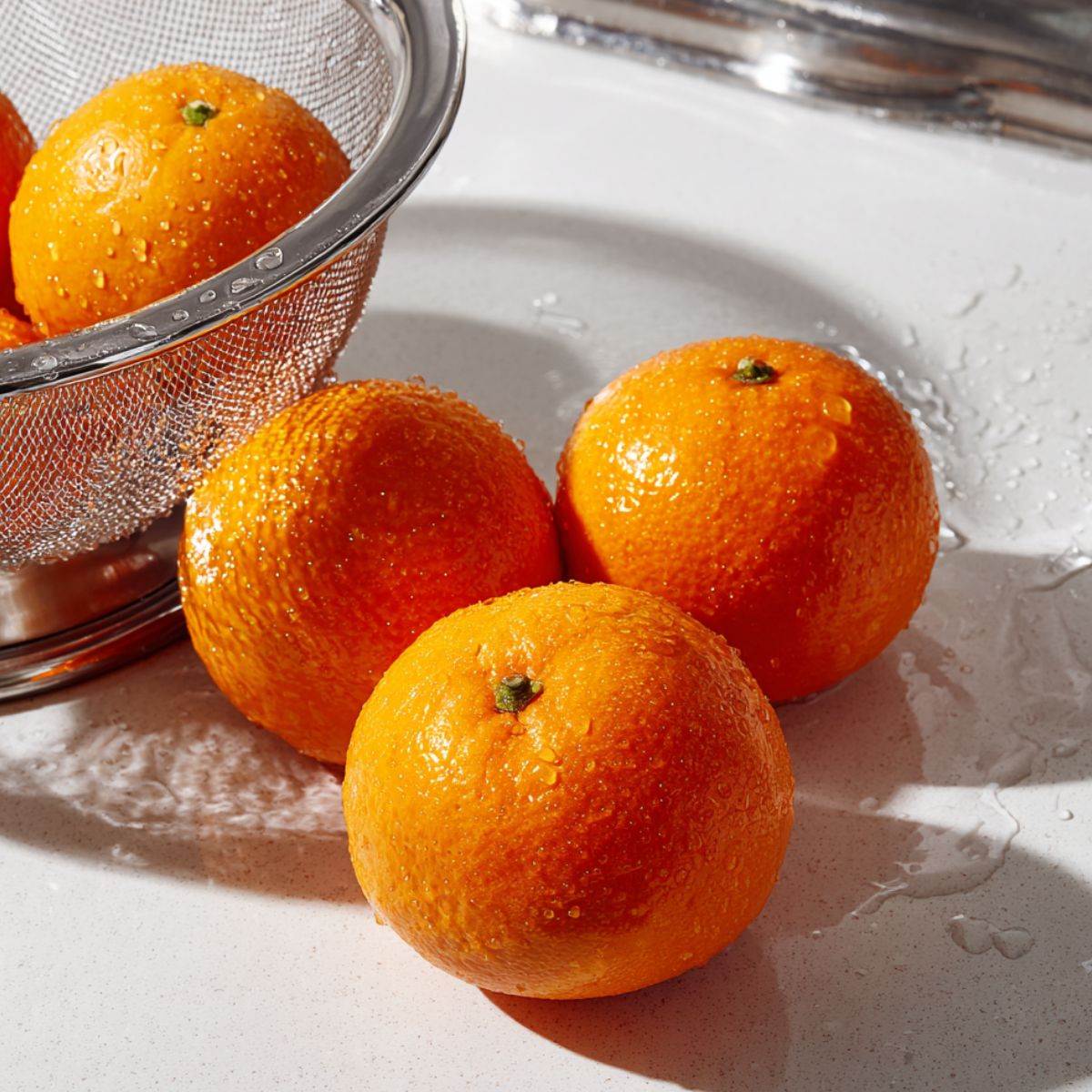 Rolling and prepping fresh oranges on a kitchen counter
