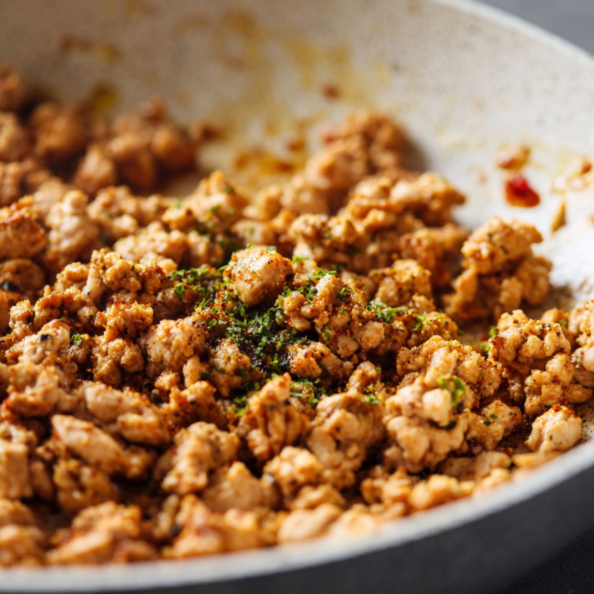 Ground turkey browning in a skillet