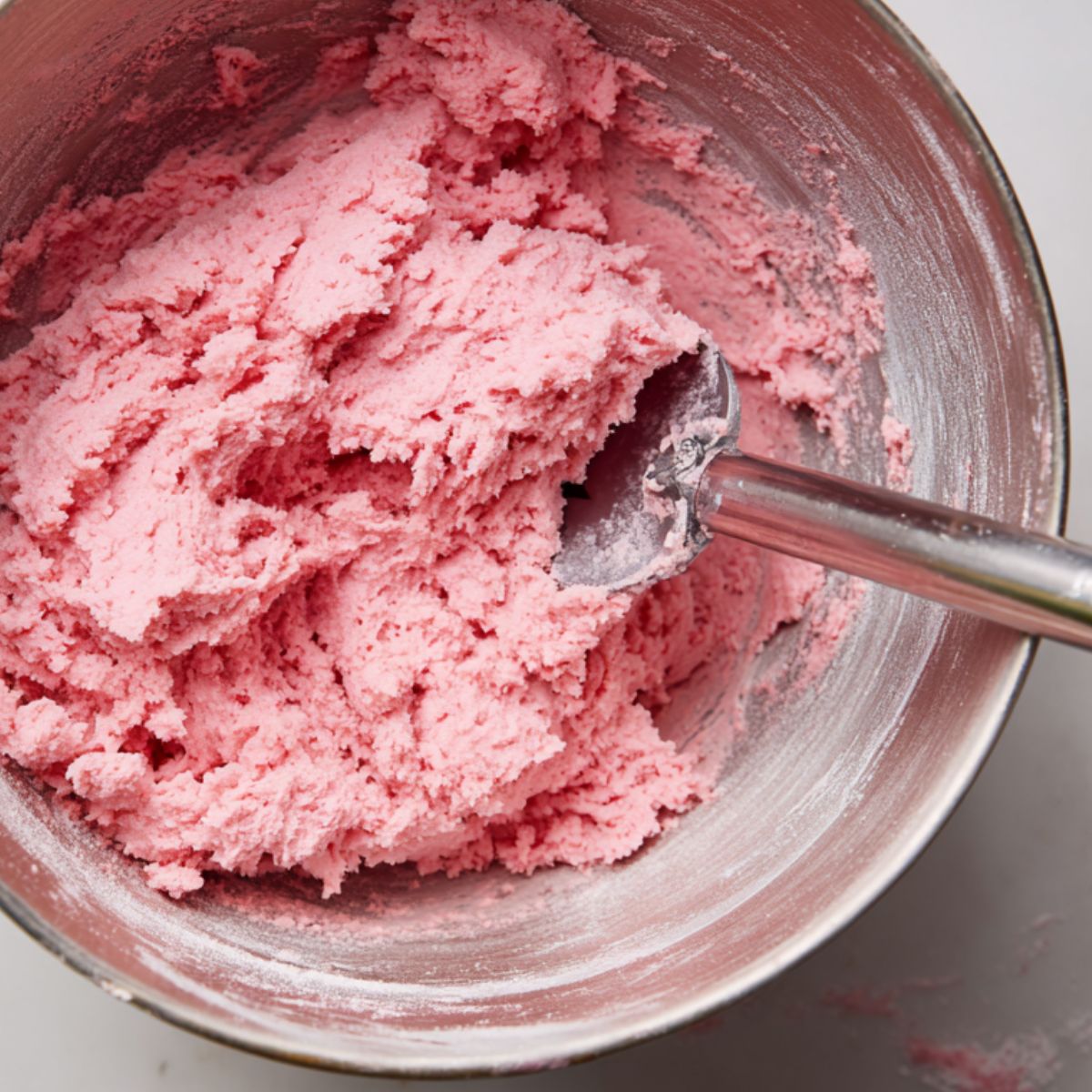 Top view of homemade pink cookie dough being mixed in a bowl