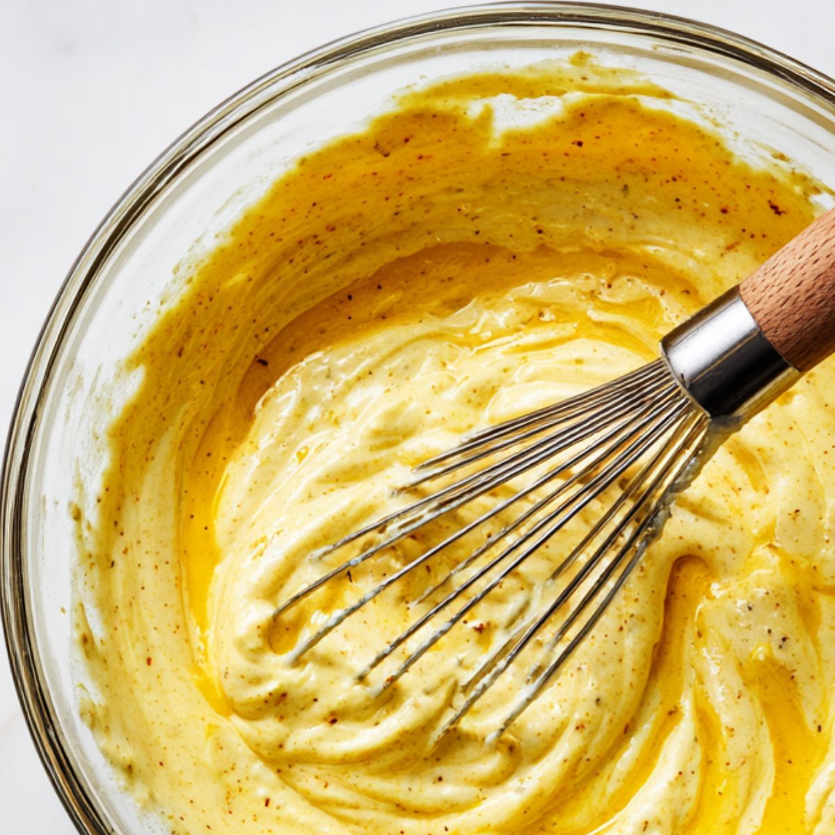 Homemade deviled egg dressing ingredients in a bowl mid-mix