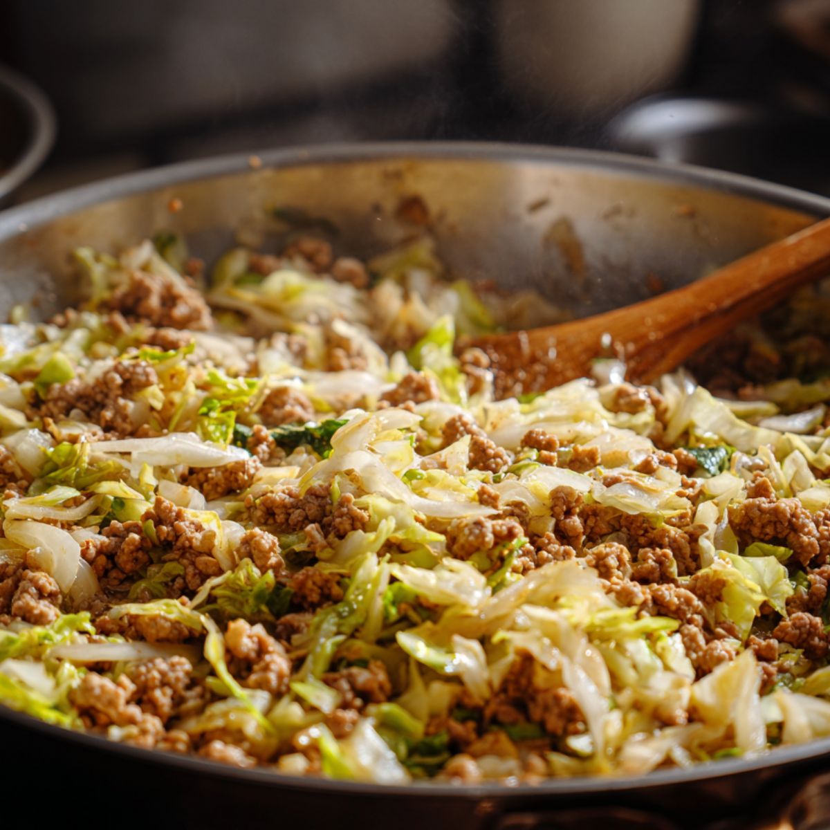 Shredded cabbage being stirred into ground pork in a skillet
