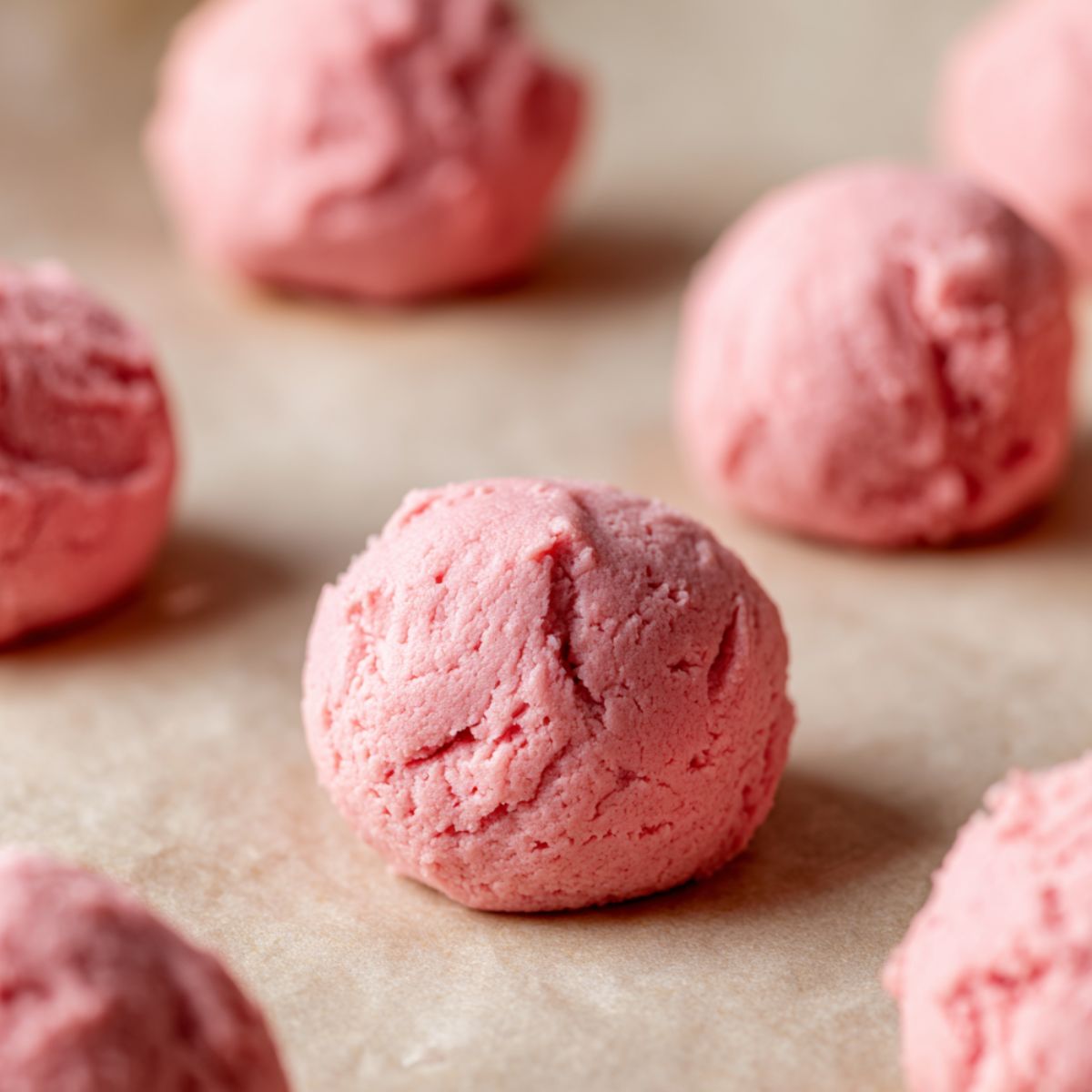 Raw pink cookie dough balls spaced on parchment-lined baking tray