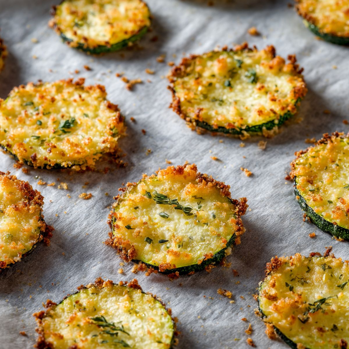 Zucchini chips baking in the oven on a parchment-lined tray