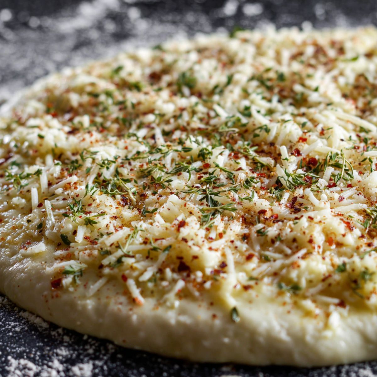 Cheese being sprinkled over garlic butter sauce on pizza dough